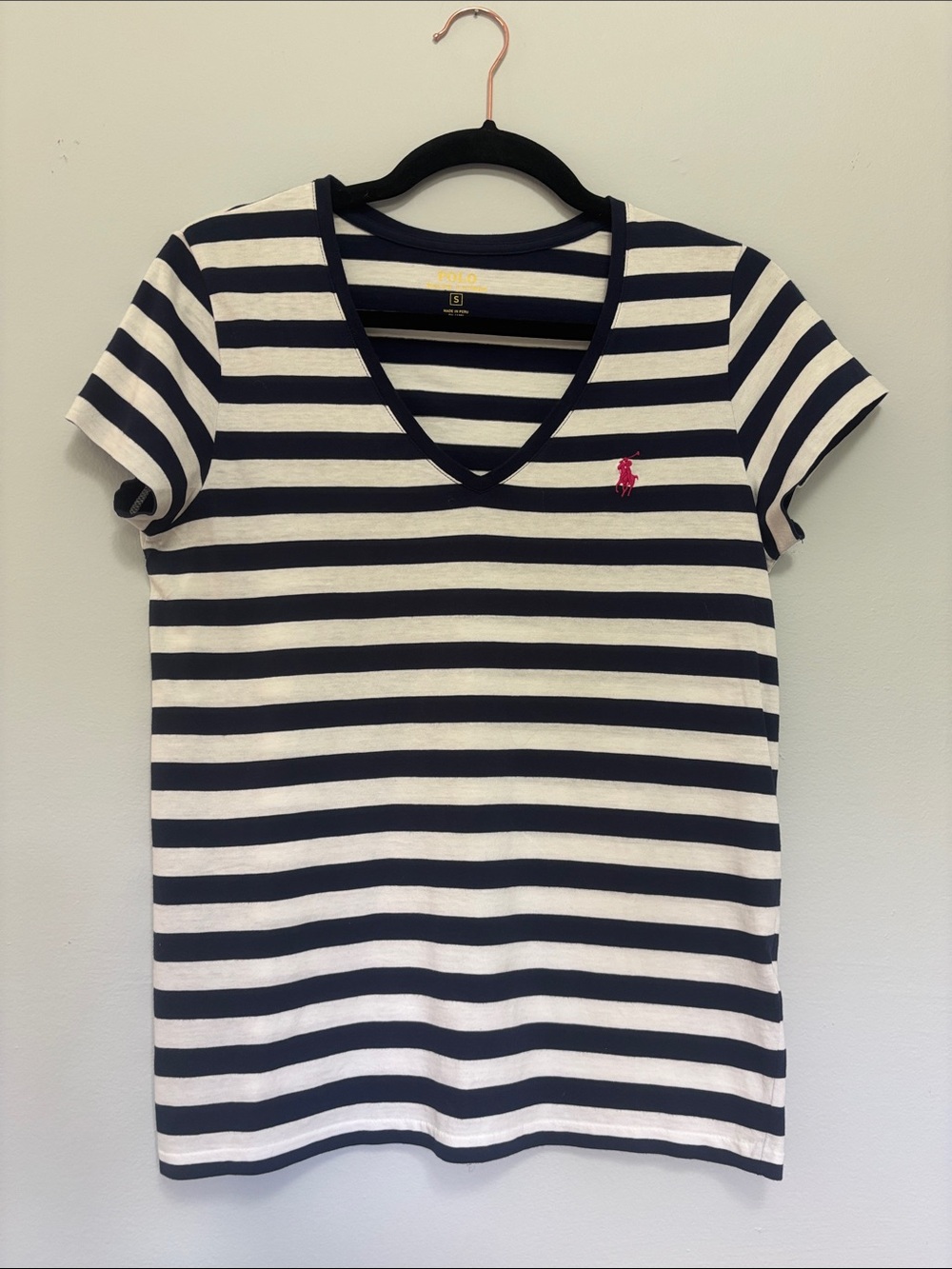 Polo by Ralph Lauren Navy and White Striped V-Neck Tee with Pink Pony